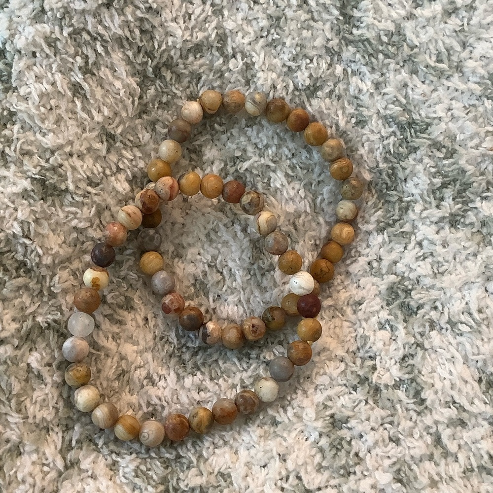 Natural Crazy Lace Agate Gemstone Beaded Stretch Bracelet Duo NWT Handcrafted 7”